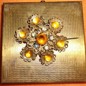 Vintage Gold Flower & Topaz Rhinestone Brooch
